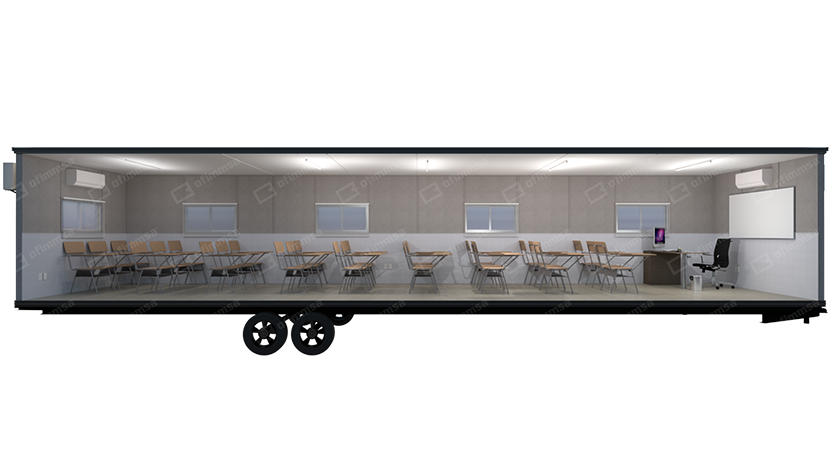 Render interior de aula móvil 10x48