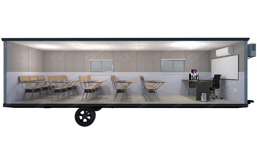 Render interior de aula móvil 8x32
