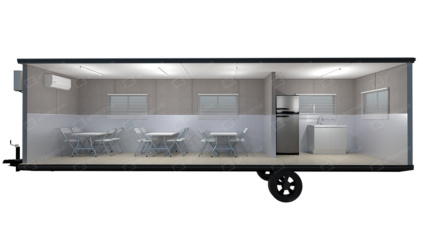 Render interior de comedor móvil 8x32