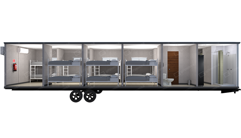 Render interior de dormitorio móvil 10x48 con literas