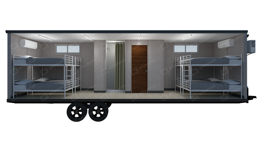 Render interior de dormitorio móvil 8x32 con literas