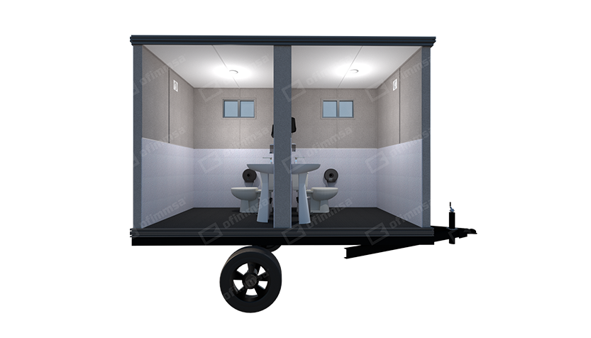 Render de módulo de sanitarios móvil 6x16 con dos accesos