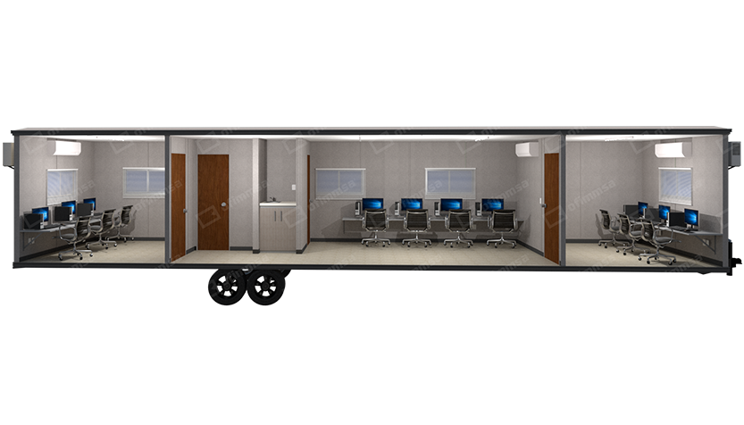 Render interior de oficina de obra móvil 10x48