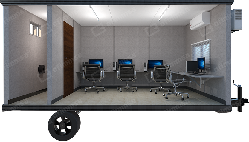 Render interior de oficina de obra móvil 8x20 con baño