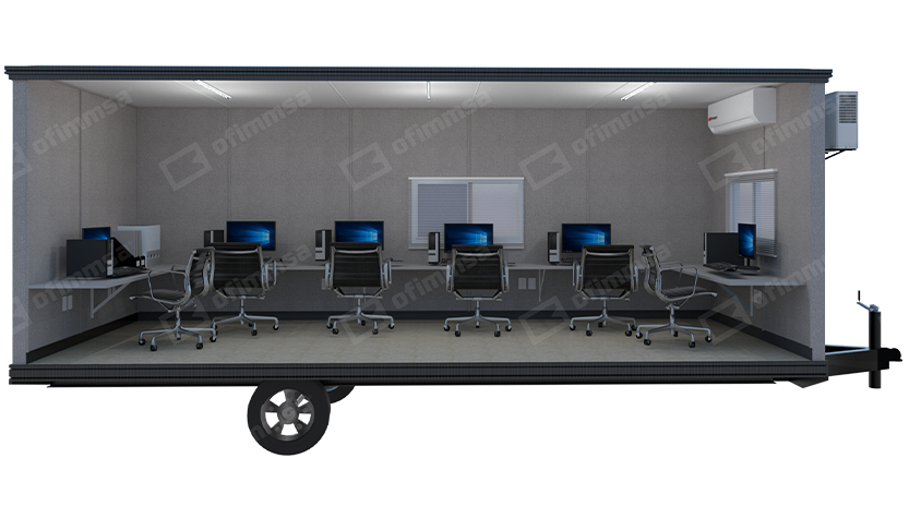 Render interior de oficina de obra móvil 8x24 de área abierta