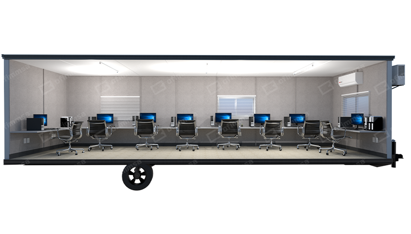Render interior de oficina de obra móvil 8x32 de área abierta