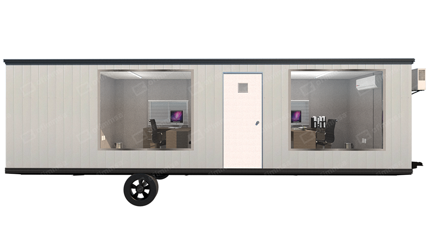 Render interior de oficina de ventas móvil 8x32